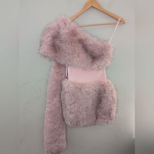 Atoir Pink Faux Fur One Sleeve Cutout Mesh Mini Dress Size 4